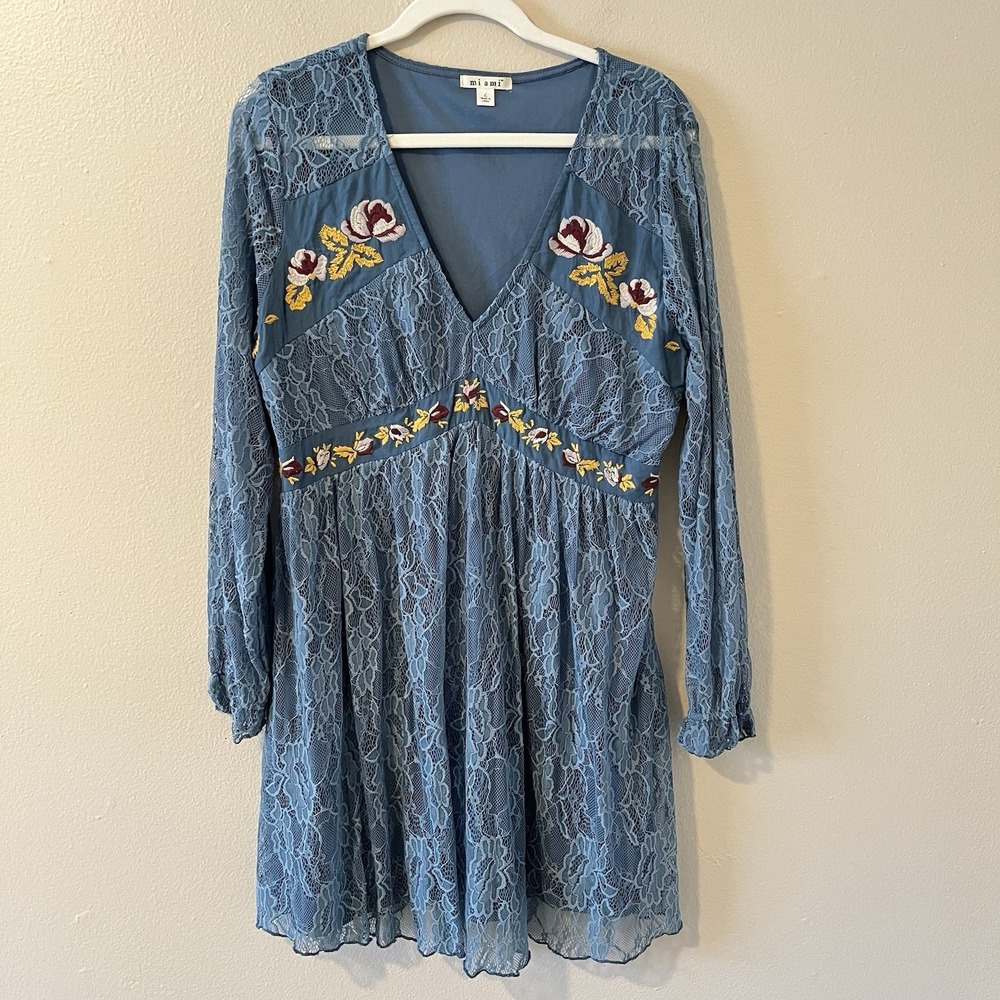 Women's Lace Dress Francesca's Fairy Embroidered Floral Blue Whimsi L Boho